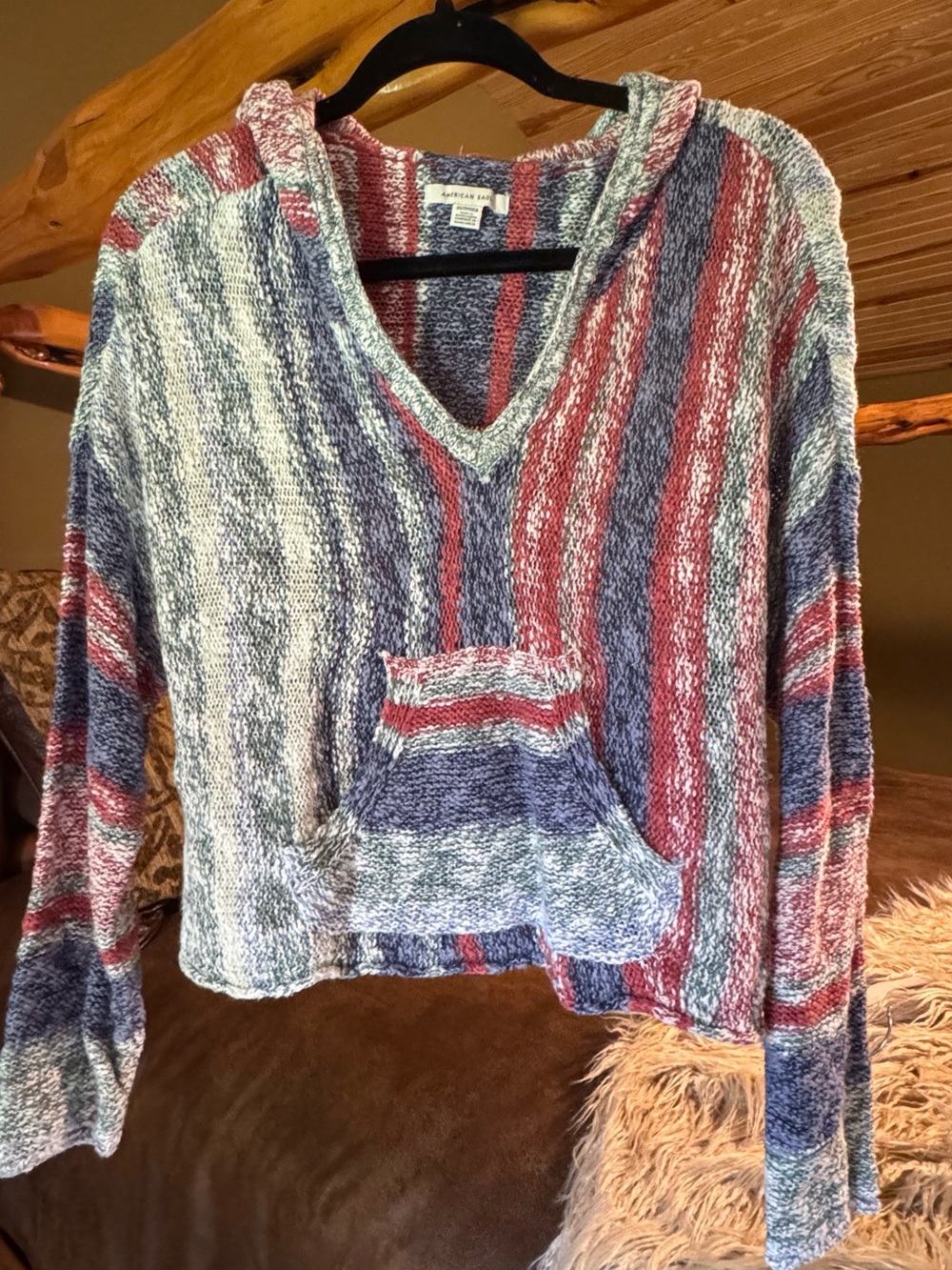 Cozy Striped V-Neck Hoodie Sweater - Multicolor American Eagle